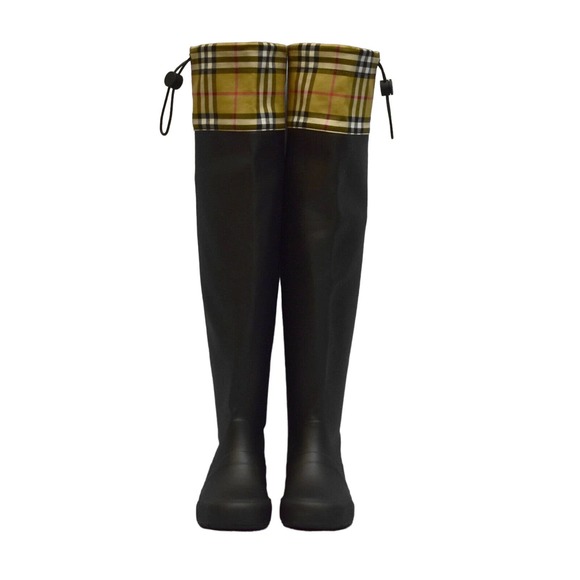F0 NEW BURBERRY LONDON Plaid Check Drawstring Cuff Tall Rain Boots Size 35 $611 - Picture 4 of 9
